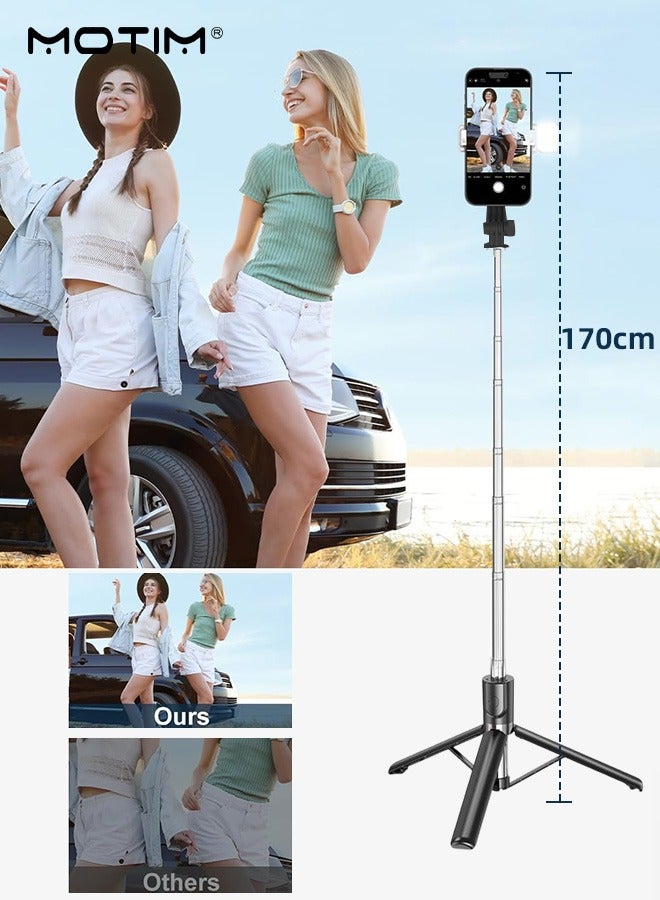 موتيم 66.93 بوصة (170 سم) حامل ثلاثي القوائم لعصا السيلفي مع ضوء تعبئة مع تصميم مخفي مع جهاز تحكم عن بعد قابل لإعادة الشحن، حامل ثلاثي القوائم قابل للتمديد 360 درجة ثابت لحامل الهاتف القابل للتمديد للهواتف المحمولة آبل آيفون 16 15 15 14 13 سامسونج شياومي جوبرو، تيكتوك لتسجيل الفيديو - Image 2