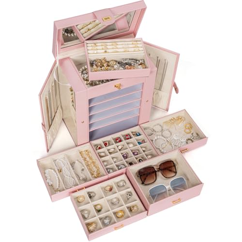 AKOZLIN Huge Jewelry Box Organizer Functional Extra Large Leather Jewelry Storage Case for Women Girls Ring Necklace Earring Bracelet Holder Organizer with Mirror - Image 3