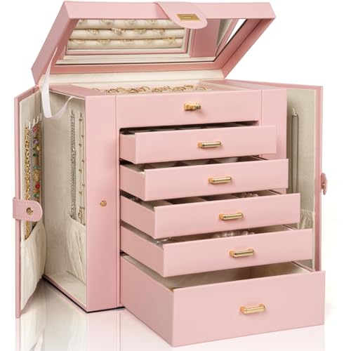 AKOZLIN Huge Jewelry Box Organizer Functional Extra Large Leather Jewelry Storage Case for Women Girls Ring Necklace Earring Bracelet Holder Organizer with Mirror - Image 1