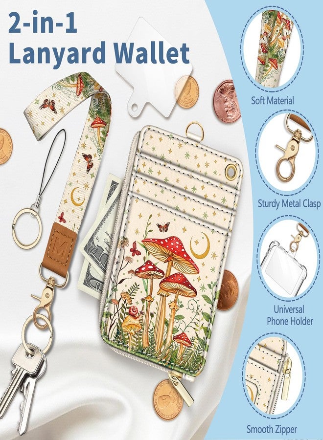 Mavellin Lanyard Wallet with Id Badge Holder, Mushroom RFID Small Keychain Wallet Women Wristlet, Cute Zipper Credit Card Holder Phone Wrist Neck Strap for Key Name Tag, Teacher Student Office Gifts - Image 3