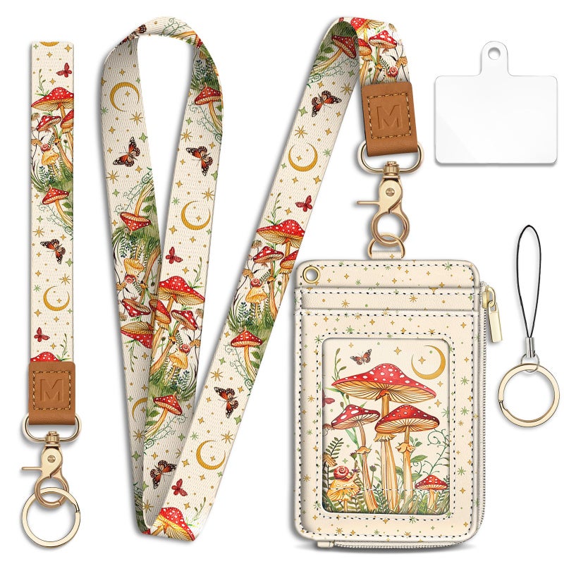Mavellin Lanyard Wallet with Id Badge Holder, Mushroom RFID Small Keychain Wallet Women Wristlet, Cute Zipper Credit Card Holder Phone Wrist Neck Strap for Key Name Tag, Teacher Student Office Gifts - Image 1