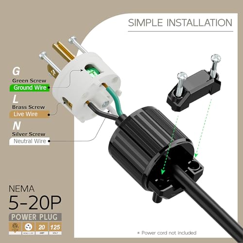 acbroad USA 3-Prong Male AC Plug, ETL Nema 5-20P 3 Pole Straight T- Blade DIY Rewirable, 20A 125V USA 3Pin AC Connector, Nema 5-20 Male US 3Pole Power Plug, Black - Image 3