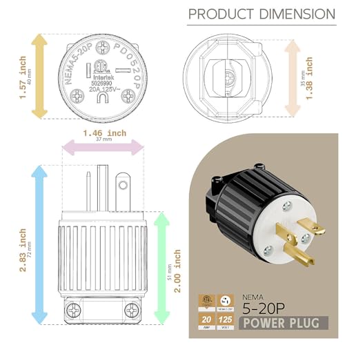 acbroad USA 3-Prong Male AC Plug, ETL Nema 5-20P 3 Pole Straight T- Blade DIY Rewirable, 20A 125V USA 3Pin AC Connector, Nema 5-20 Male US 3Pole Power Plug, Black - Image 5