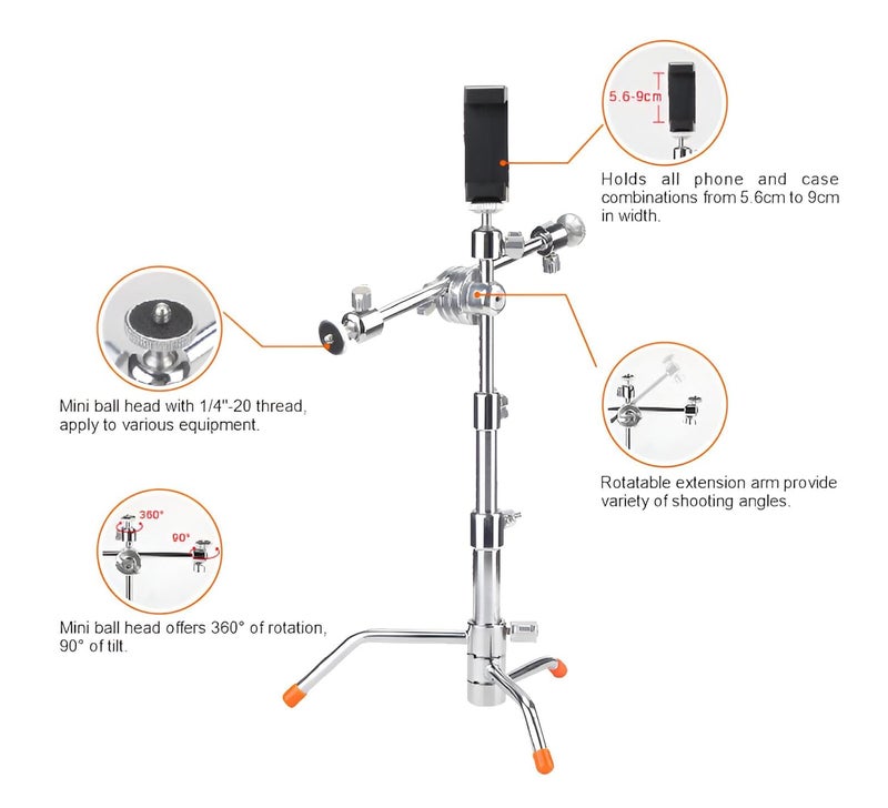 E-IMAGE LCS Mini 1.7ft Pocket Light Boom C-Stand, 1ft Holding Arm & 360° Mini Ball Head,Mobile Holder with Small Desktop C Stand for Webcam, Phone, Camera, LED Light | Payload 500gm - Image 5