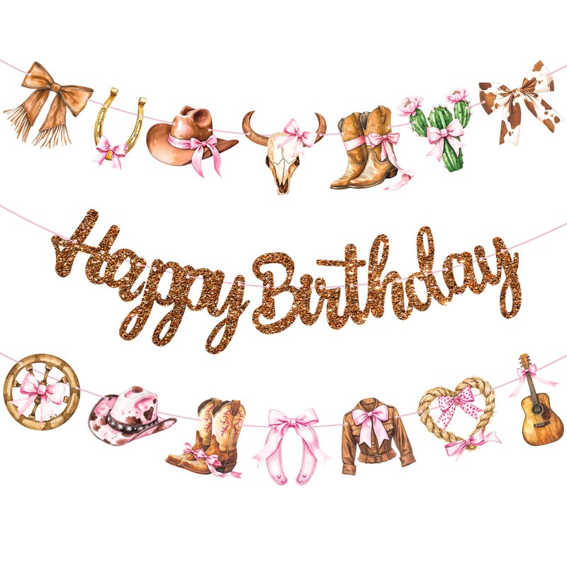 umoni Western Cowgirl Birthday Party Decorations Rodeo Cowgirl Banners 3PCS Glitter Brown Coquette Bow Birthday Decorations Wild West Boots and Bow Banner for Western Favor Baby Shower Supplies - Image 1