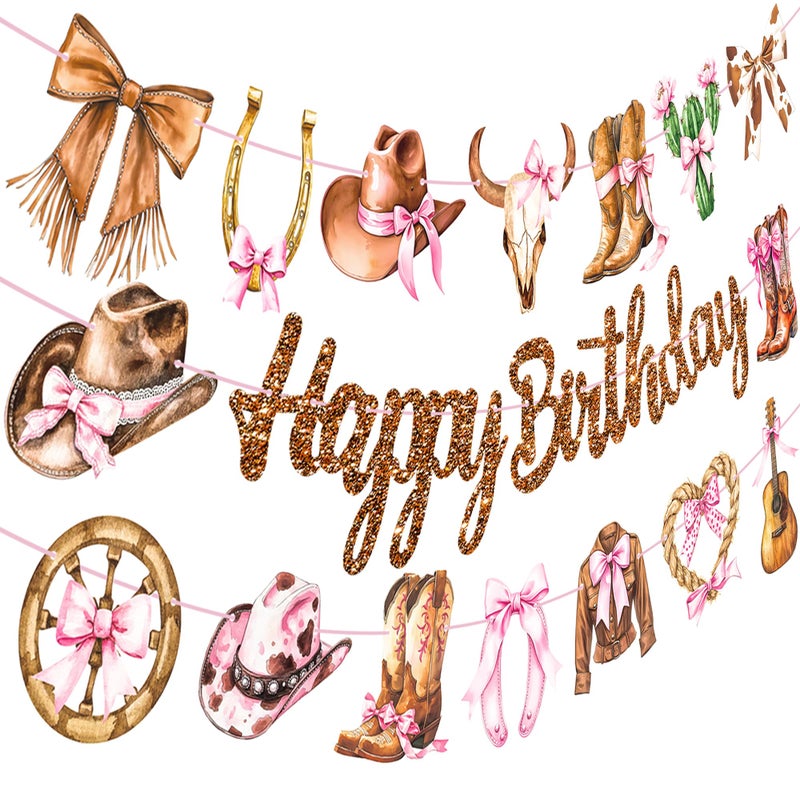 umoni Western Cowgirl Birthday Party Decorations Rodeo Cowgirl Banners 3PCS Glitter Brown Coquette Bow Birthday Decorations Wild West Boots and Bow Banner for Western Favor Baby Shower Supplies - Image 2