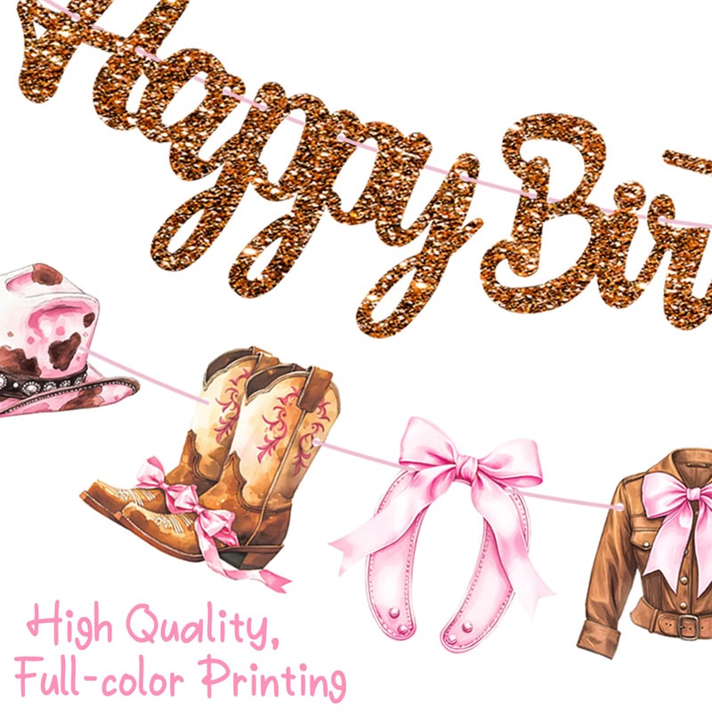 umoni Western Cowgirl Birthday Party Decorations Rodeo Cowgirl Banners 3PCS Glitter Brown Coquette Bow Birthday Decorations Wild West Boots and Bow Banner for Western Favor Baby Shower Supplies - Image 4