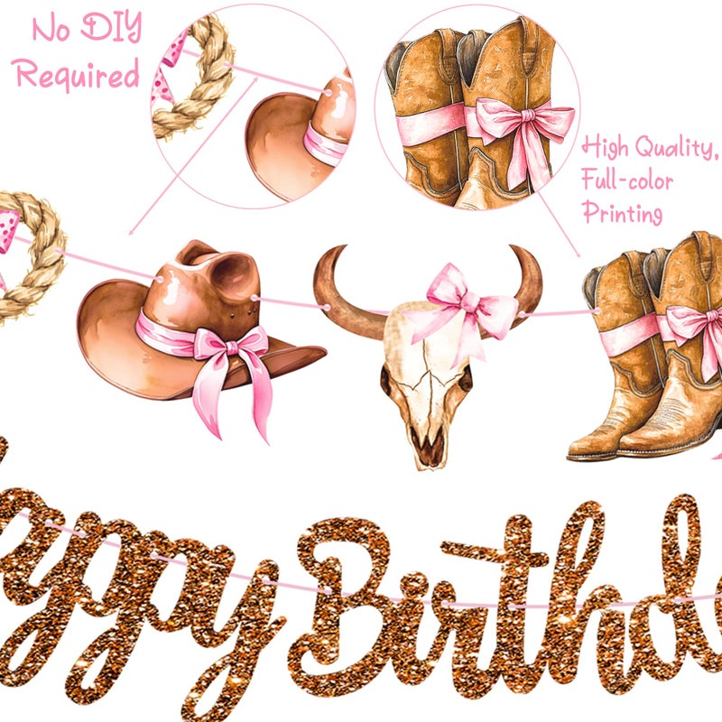 umoni Western Cowgirl Birthday Party Decorations Rodeo Cowgirl Banners 3PCS Glitter Brown Coquette Bow Birthday Decorations Wild West Boots and Bow Banner for Western Favor Baby Shower Supplies - Image 3