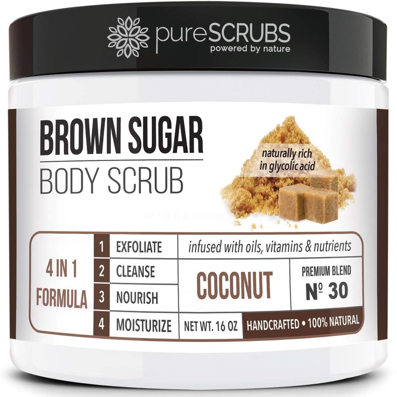 pureSCRUBS Premium Coconut Brown Sugar Scrub | Face, Feet & Full Body Scrub | Large 16oz Jar Includes Wooden Spoon, Loofah & Mini Exfoliating Bar Soap - Image 1