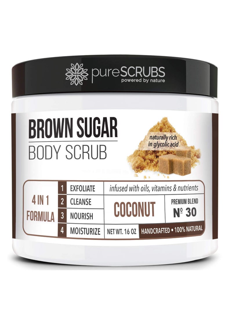 pureSCRUBS - pureSCRUBS Premium Organic Brown Sugar COCONUT FACE & BODY SCRUB Set - Large 16oz, Infused With Organic Essential Oils & Nutrients INCLUDES Wooden Spoon, Loofah & Mini Exfoliating Bar Soap - Image 1