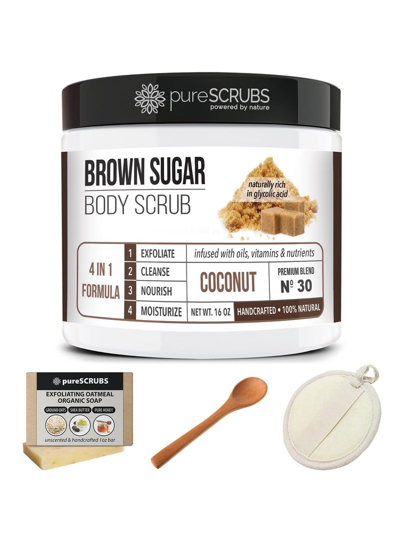pureSCRUBS - pureSCRUBS Premium Organic Brown Sugar COCONUT FACE & BODY SCRUB Set - Large 16oz, Infused With Organic Essential Oils & Nutrients INCLUDES Wooden Spoon, Loofah & Mini Exfoliating Bar Soap - Image 1