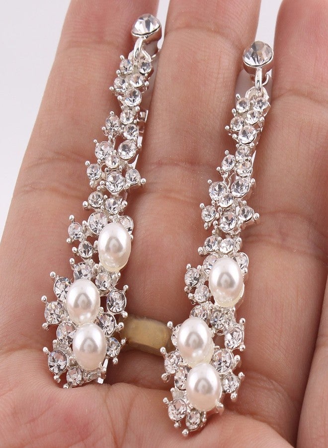 جريس جون أقراط مرصعة بأحجار الراين الفاخرة من جريس جون™، أقراط كبيرة الحجم بتصميم مميز، بدون ثقب، مناسبة للعرائس (مشبك أذن فضي). - Image 3