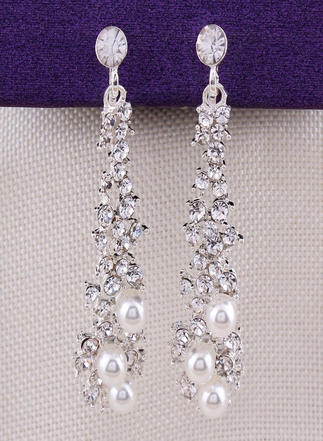 جريس جون أقراط مرصعة بأحجار الراين الفاخرة من جريس جون™، أقراط كبيرة الحجم بتصميم مميز، بدون ثقب، مناسبة للعرائس (مشبك أذن فضي). - Image 2