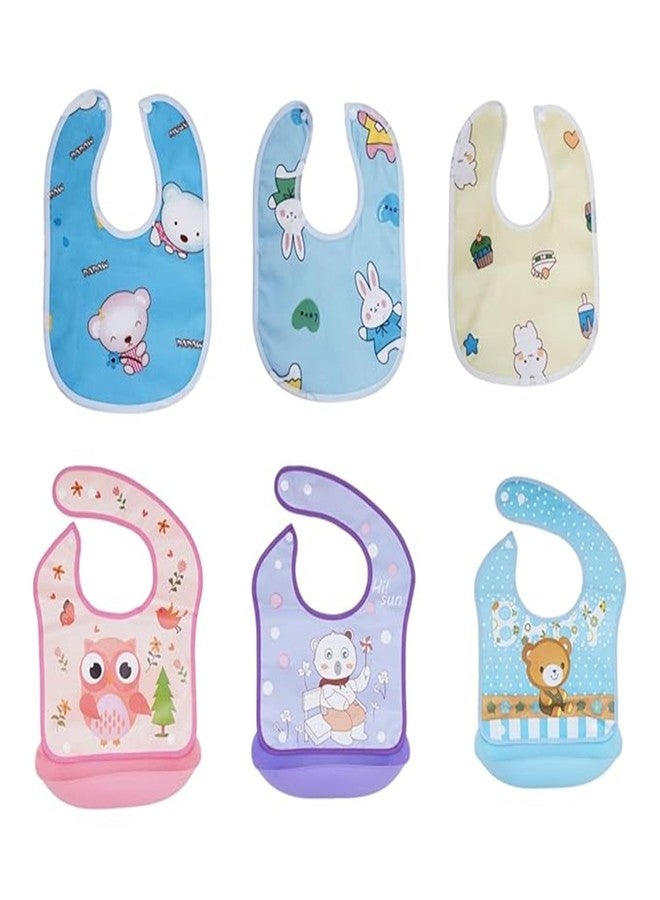 Atipriya baby bibs for 6 to 12 months upto 3 years, Pack of 3/4/6 (Cotton Baby Bibs, Silicone Bibs with Detachable Tray), Adjustable Buttons, Waterproof, Washable, bibs for Baby Boy & Baby Girl (6) - Image 1