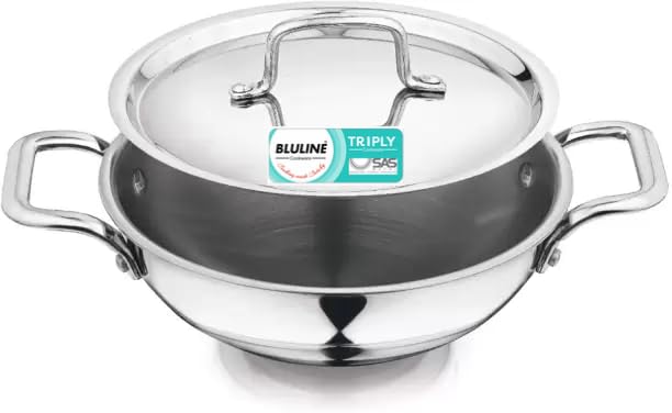 Bluline BLULINE SatisfyingTriply Stainless Steel Kadai with Lid (22cm, 2L) | 2.5 mm Thick | Triply Kadai with Heavy Bottom | Induction Friendly Triply Stainless Steel Cookware Kadhai | 5 Year Warranty - Image 1