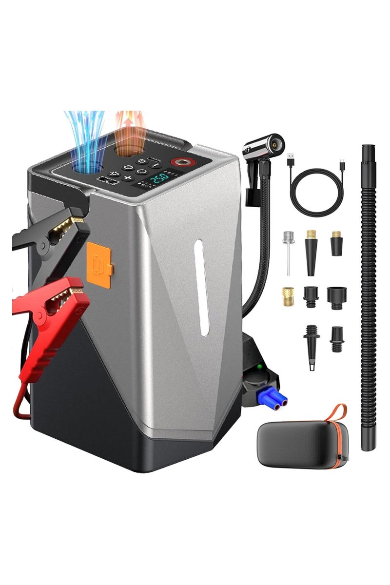 Car jump starter with air compressor for all gasoline engines, 6-in-1 device with LCD screen, 3-mode flashlight and power bank - Image 1