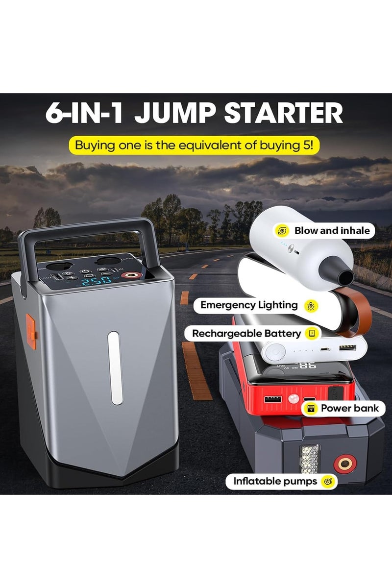 Car jump starter with air compressor for all gasoline engines, 6-in-1 device with LCD screen, 3-mode flashlight and power bank - Image 2