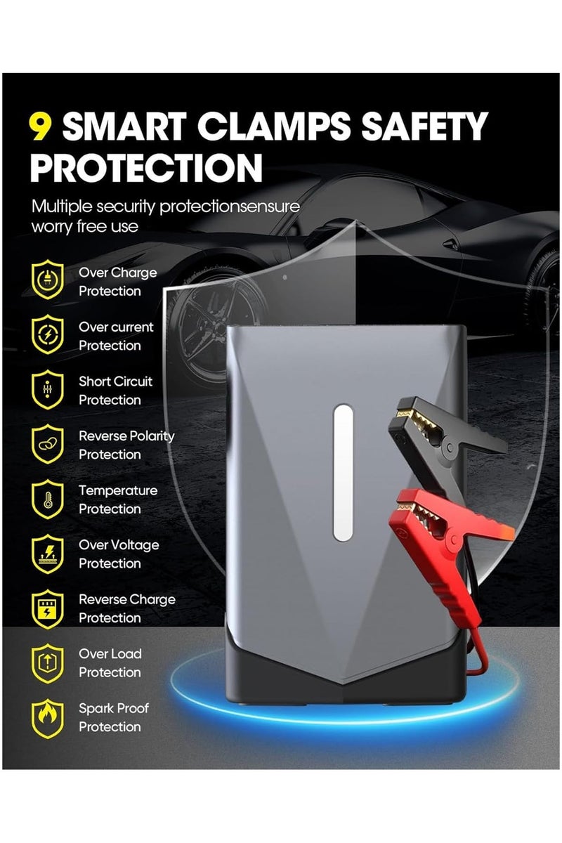 Car jump starter with air compressor for all gasoline engines, 6-in-1 device with LCD screen, 3-mode flashlight and power bank - Image 4