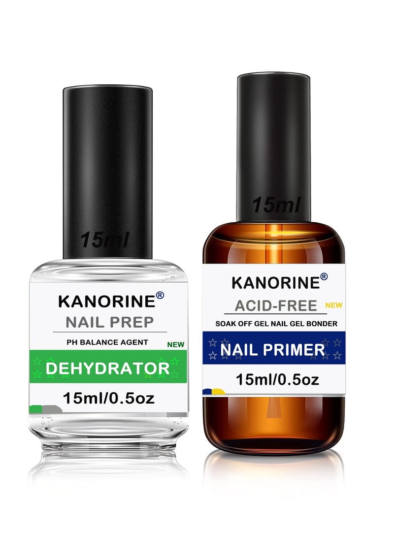 Kanorine - Kanorine Nail Dehydrator and Primer, Acid Free Natural Nail Prep Dehydrate & Bond Primer Kit, Acrylic Nail Supplies Primer Nail Tech Must Haves for UV Gels Fast Dry Bonding Agent Gift Box 15ml x2 - Image 1