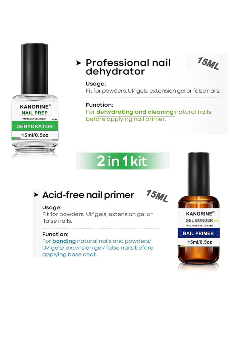 Kanorine - Kanorine Nail Dehydrator and Primer, Acid Free Natural Nail Prep Dehydrate & Bond Primer Kit, Acrylic Nail Supplies Primer Nail Tech Must Haves for UV Gels Fast Dry Bonding Agent Gift Box 15ml x2 - Image 1