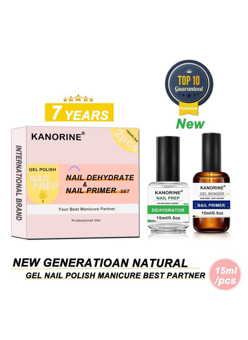 Kanorine - Kanorine Nail Dehydrator and Primer, Acid Free Natural Nail Prep Dehydrate & Bond Primer Kit, Acrylic Nail Supplies Primer Nail Tech Must Haves for UV Gels Fast Dry Bonding Agent Gift Box 15ml x2 - Image 1