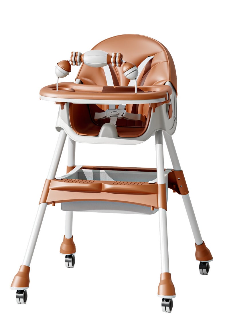 baobaohao Adjustable High Chair With Pu Leather Seat Cover, Double Dinner Plates And Multi-Level Tray Adjustment, Foldable, Reclining, And Storage Function, Adjustable Height And Footrest With Optional Universal Wheels-brown 