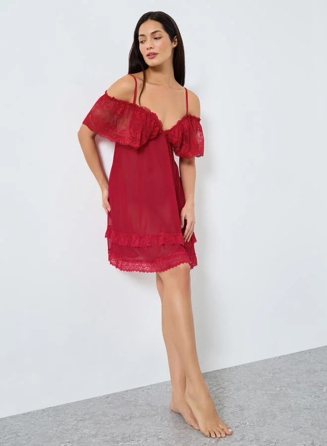 Take Two Take Two Solid Ruffle Lace Hem Cami Slip Dress