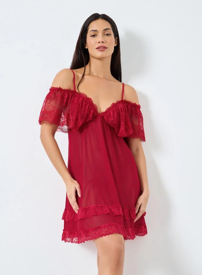 Take Two Take Two Solid Ruffle Lace Hem Cami Slip Dress