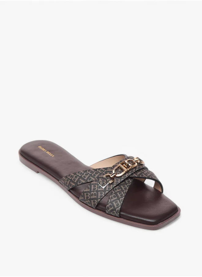 Flora Bella By Shoexpress Monogram Print Cross Strap Slip-On Flat Sandals with Metal Accent