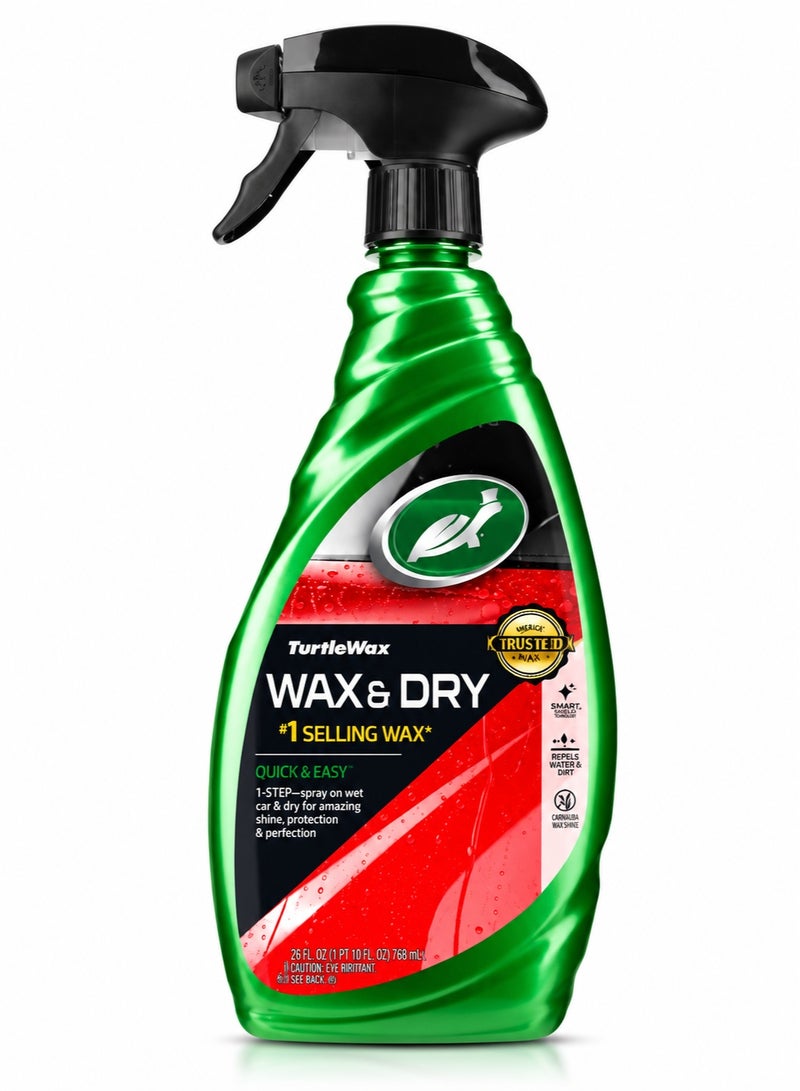 بخاخ الشمع Turtle Wax Wax & Dry (768 مل) - شمع سريع للسيارات، ملمع طارد للماء، لمعان فائق، بخاخ لحماية الطلاء، طبقة شمعية طاردة للسوائل (هيدروفوبية)، تركيبة سهلة الاستخدام (رش ومسح)، شمع للهيكل الخارجي، حماية تدوم طويلاً.