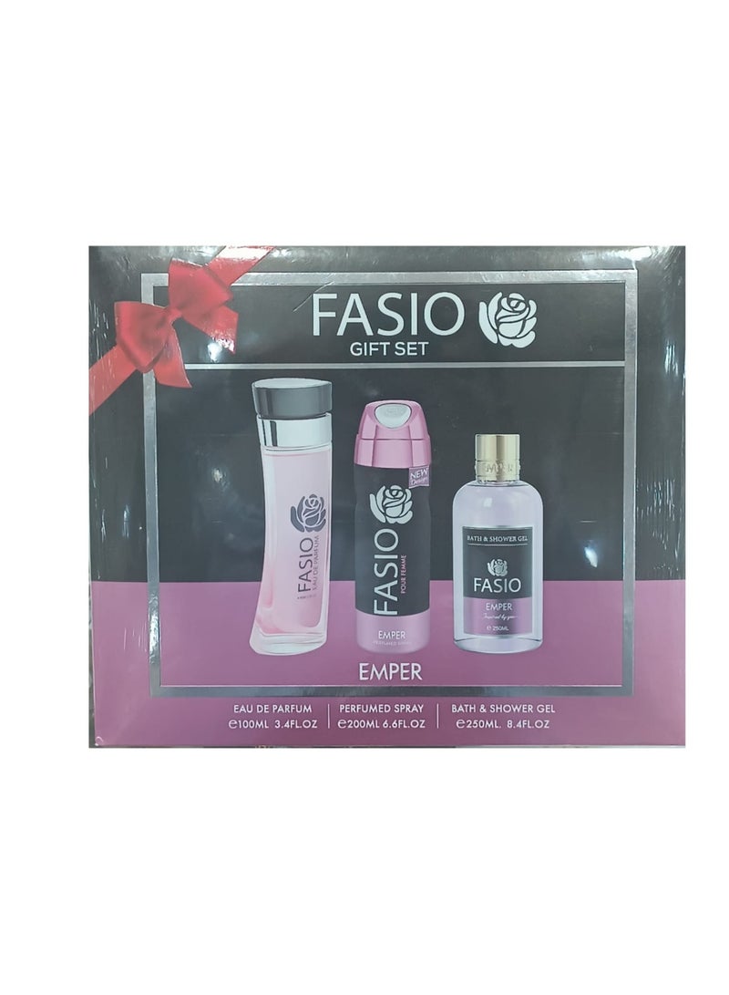 إمبير طقم هدية او دي بارفيوم مكون من عطر 100مل وبخاخ معطر جسم 200مل مع شور جل 250مل