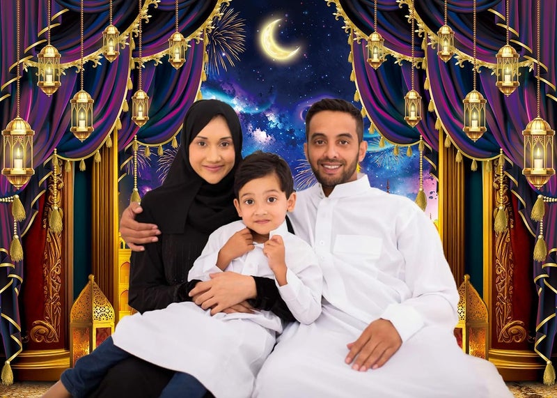 بيوتين لافتة خلفية زينة رمضان مبارك، خلفية عيد الفطر المبارك لحفلة رمضان الكريم، لافتة عيد مبارك لخلفية التصوير الفوتوغرافي في المنزل للمسلمين، مقاس 82 × 59 بوصة - Image 2