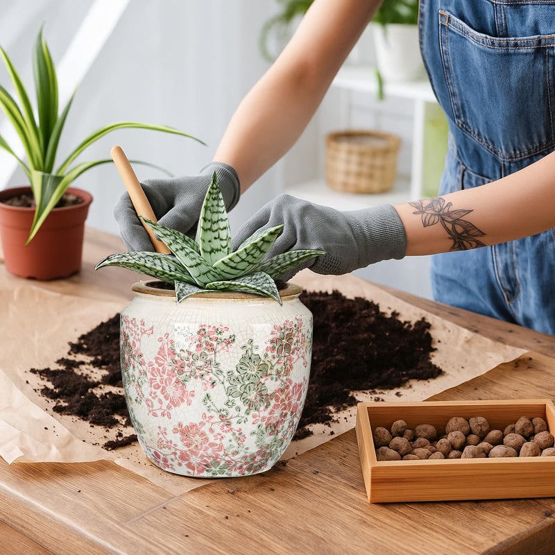 LemonRoad 7 Inch Large Vintage Ceramic Planter with Drainage Holes Ice Crackle Flower Vase Flower Pot with Farmhouse Rose Pattern for Indoor Outdoor Plants Garden Home Kitchen Office Shelf Decor - Image 5