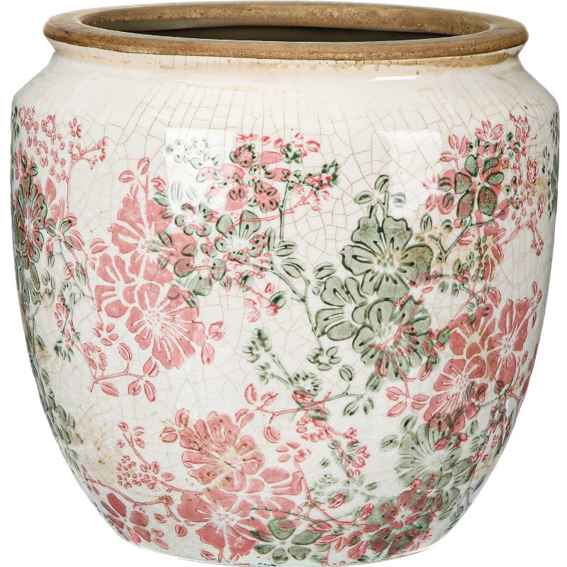 LemonRoad 7 Inch Large Vintage Ceramic Planter with Drainage Holes Ice Crackle Flower Vase Flower Pot with Farmhouse Rose Pattern for Indoor Outdoor Plants Garden Home Kitchen Office Shelf Decor - Image 1