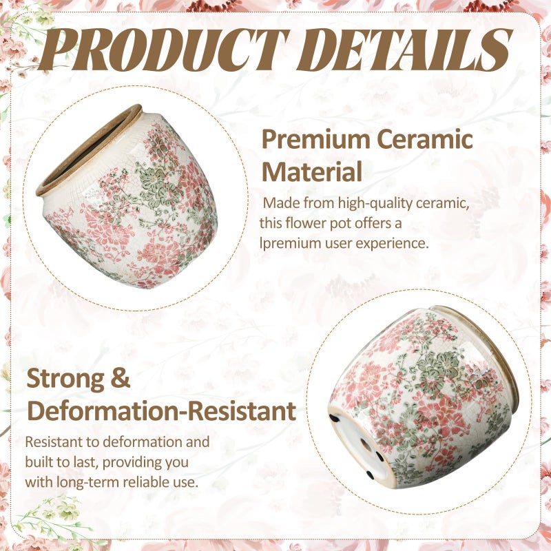 LemonRoad 7 Inch Large Vintage Ceramic Planter with Drainage Holes Ice Crackle Flower Vase Flower Pot with Farmhouse Rose Pattern for Indoor Outdoor Plants Garden Home Kitchen Office Shelf Decor - Image 3