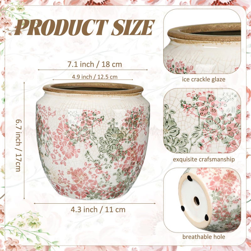 LemonRoad 7 Inch Large Vintage Ceramic Planter with Drainage Holes Ice Crackle Flower Vase Flower Pot with Farmhouse Rose Pattern for Indoor Outdoor Plants Garden Home Kitchen Office Shelf Decor - Image 2