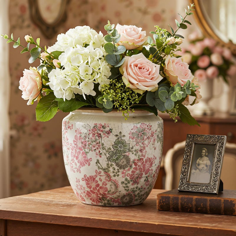 LemonRoad 7 Inch Large Vintage Ceramic Planter with Drainage Holes Ice Crackle Flower Vase Flower Pot with Farmhouse Rose Pattern for Indoor Outdoor Plants Garden Home Kitchen Office Shelf Decor - Image 4