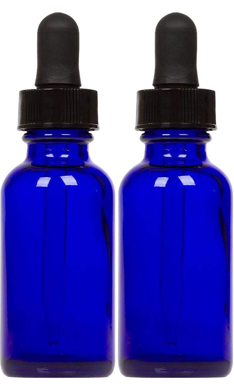 Cobalt Glass Bottles with Eye Droppers 1 oz 2 pk For Essential Oils Colognes Perfumes Blank Labels Included
