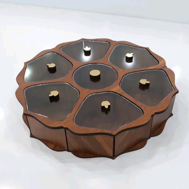 MeeCraft Decorative Customizable Wooden Dry Fruit Box with 7 compartments and Acrylic Covers Round Shape Designer Condiments Box Diameter 30cm Height 56cm Brown - Image 1