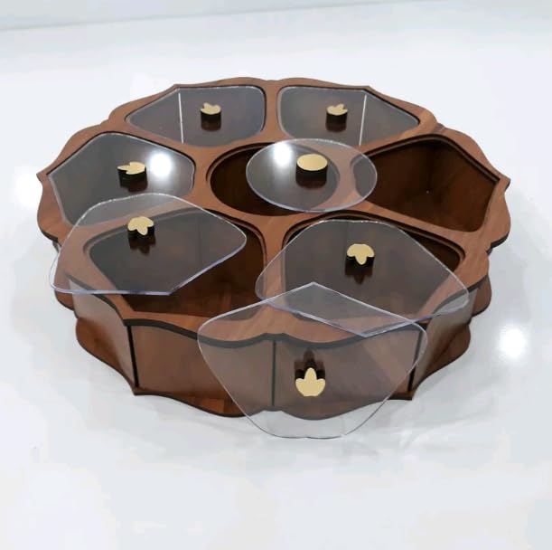 MeeCraft Decorative Customizable Wooden Dry Fruit Box with 7 compartments and Acrylic Covers Round Shape Designer Condiments Box Diameter 30cm Height 56cm Brown - Image 4