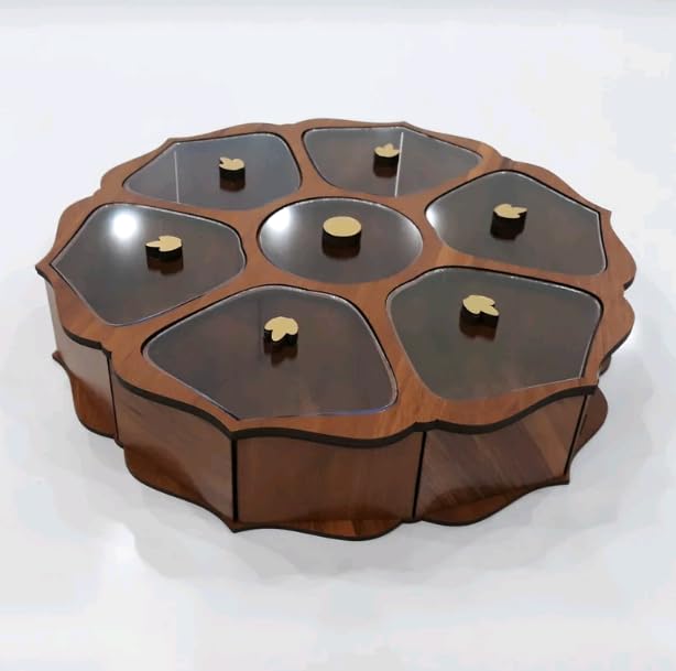 MeeCraft Decorative Customizable Wooden Dry Fruit Box with 7 compartments and Acrylic Covers Round Shape Designer Condiments Box Diameter 30cm Height 56cm Brown - Image 5