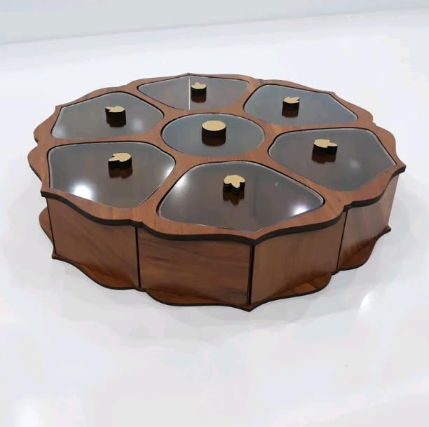 MeeCraft Decorative Customizable Wooden Dry Fruit Box with 7 compartments and Acrylic Covers Round Shape Designer Condiments Box Diameter 30cm Height 56cm Brown - Image 3