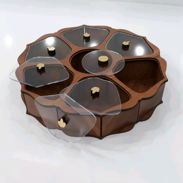 MeeCraft Decorative Customizable Wooden Dry Fruit Box with 7 compartments and Acrylic Covers Round Shape Designer Condiments Box Diameter 30cm Height 56cm Brown - Image 2