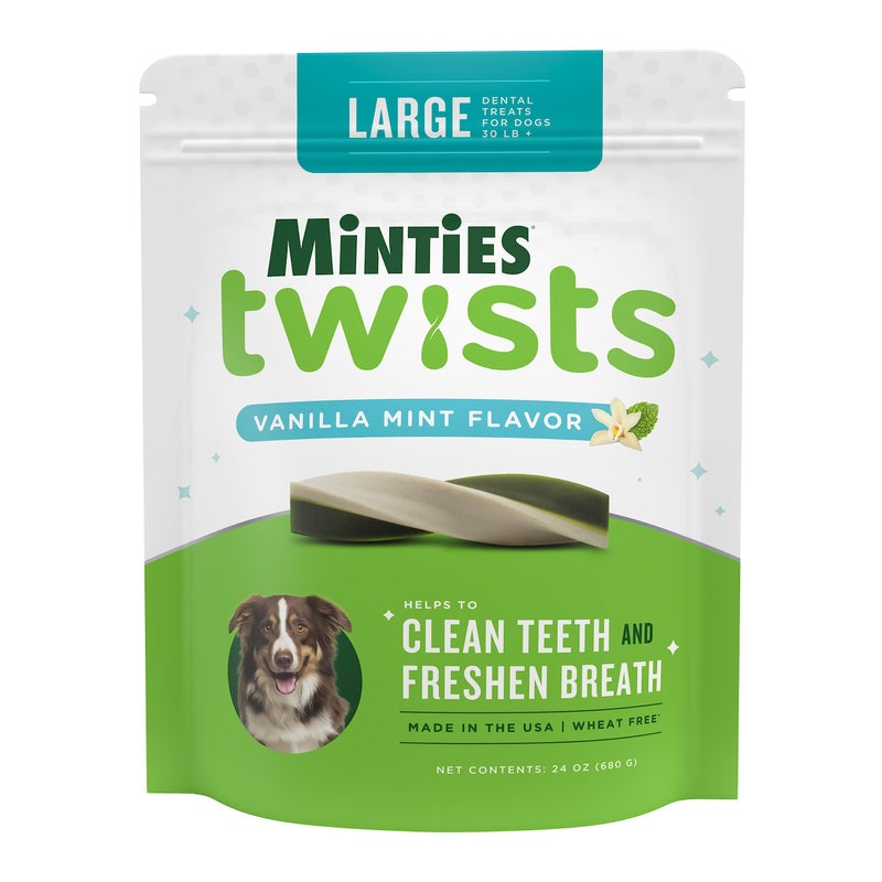 Minties Dental Twists for Dogs, Vet-Recommended Vanilla-Flavored Dental Chews for Medium/Large Dogs over 40 lbs, Dental Treats Clean Teeth, Fight Bad Breath, and Removes Plaque and Tartar, 24 oz - Image 1