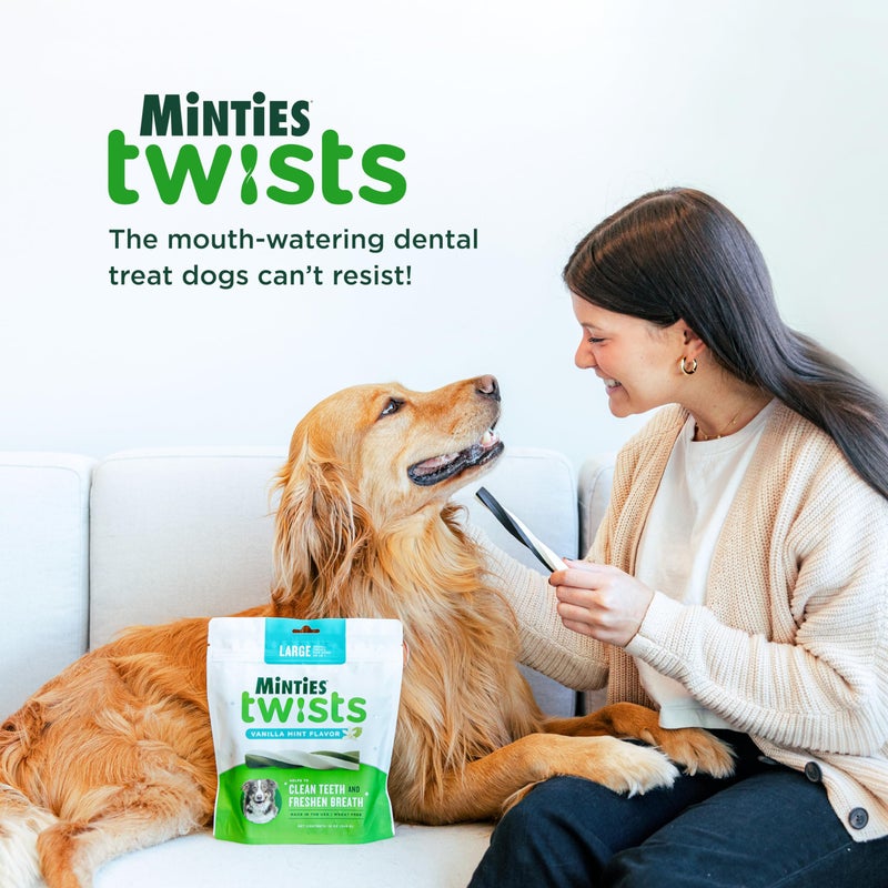 Minties Dental Twists for Dogs, Vet-Recommended Vanilla-Flavored Dental Chews for Medium/Large Dogs over 40 lbs, Dental Treats Clean Teeth, Fight Bad Breath, and Removes Plaque and Tartar, 24 oz - Image 3