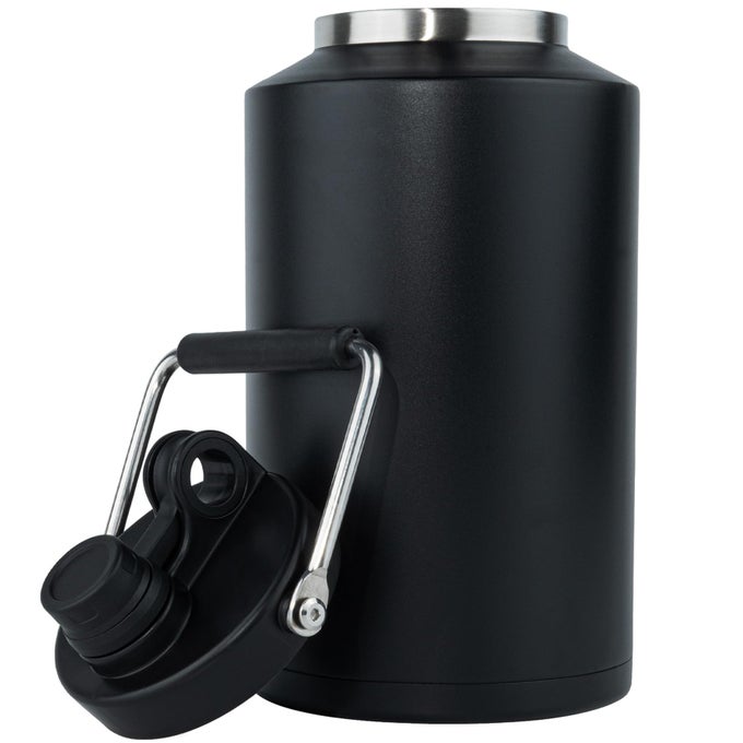 INSULATED JUG WITH HANDLE ONE GALLON 128OZ STAINLESS STEEL LARGE DOUBLE VACUUM WATER BOTTLE FOR HOT COLD DRINKS WIDE MOUTH SWEAT PROOF GREAT FOR TRAVEL HIKING CAMPING BLACK