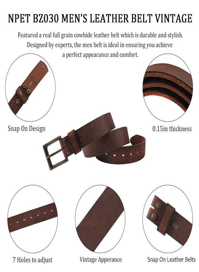 NPET Mens Leather Belt Full Grain Vintage Distressed Style Snap on Strap 1 1/2" Wide (36 for 34" waist, Coffee with Black Brass Buckle) - Image 4