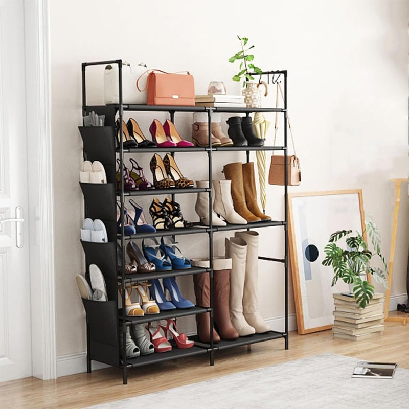 Finew Shoe Rack 7 Tiers, Metal Shoe Storage Organiser for Entryway Closet, Holds 24-28 Pairs Shoes Boots, Stand Shoe Shelf Cabinet with Hooks & Side Hanging Pockets for Hallway Bedroom Garage - Black - Image 5