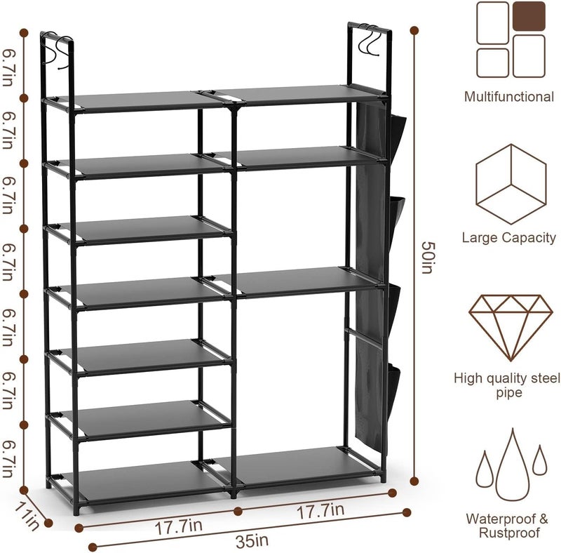 Finew Shoe Rack 7 Tiers, Metal Shoe Storage Organiser for Entryway Closet, Holds 24-28 Pairs Shoes Boots, Stand Shoe Shelf Cabinet with Hooks & Side Hanging Pockets for Hallway Bedroom Garage - Black - Image 4