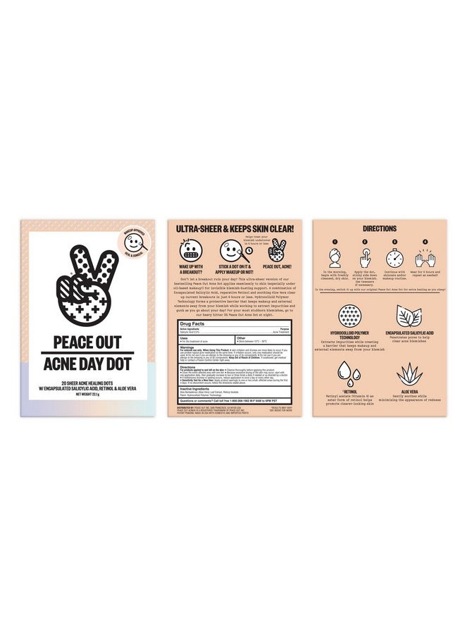 PEACE OUT - PEACE OUT Skincare Acne Day Dot. 6-hour Fast Acting Sheer Hydrocolloid Pimple Patches with Salicylic Acid, Ultra-Thin, Virtually Invisible, Quickly Clear Breakouts, Blemishes and Zits, 20 dots - Image 1